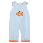 A light blue sleeveless baby romper with an orange pumpkin graphic on the chest and orange trim at the armholes and leg openings, shown against a plain white background.
