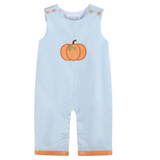 A light blue sleeveless baby romper with an orange pumpkin graphic on the chest and orange trim at the armholes and leg openings, shown against a plain white background.
