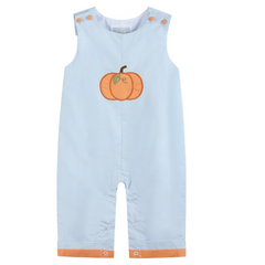 A light blue sleeveless baby romper with an orange pumpkin graphic on the chest and orange trim at the armholes and leg openings, shown against a plain white background.