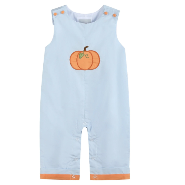 A light blue sleeveless baby romper with an orange pumpkin graphic on the chest and orange trim at the armholes and leg openings, shown against a plain white background.