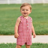 Rylee Faith Red Summer Plaid Smocked Boys Romper