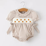 Rylee Faith Pumpkin Embroidery Smocked Plaid Girls Romper