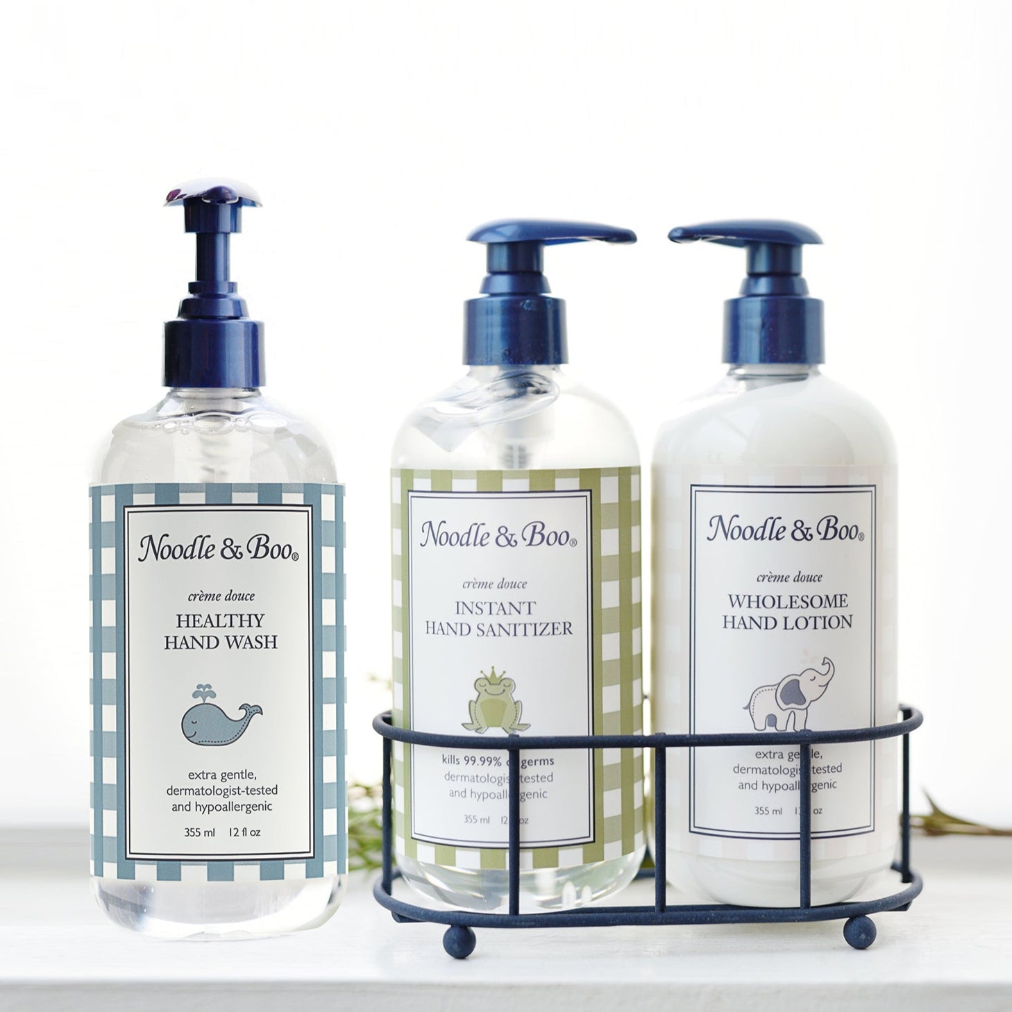 Noodle & Boo hand wash, sanitizer and lotion caddy set