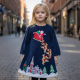Cotton Kids Santa Embroidery Dress Navy