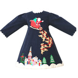 Cotton Kids Santa Embroidery Dress Navy