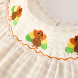 Rylee Faith Fall Thanksgiving Plaid Turkey Smocked Dress Oatmeal