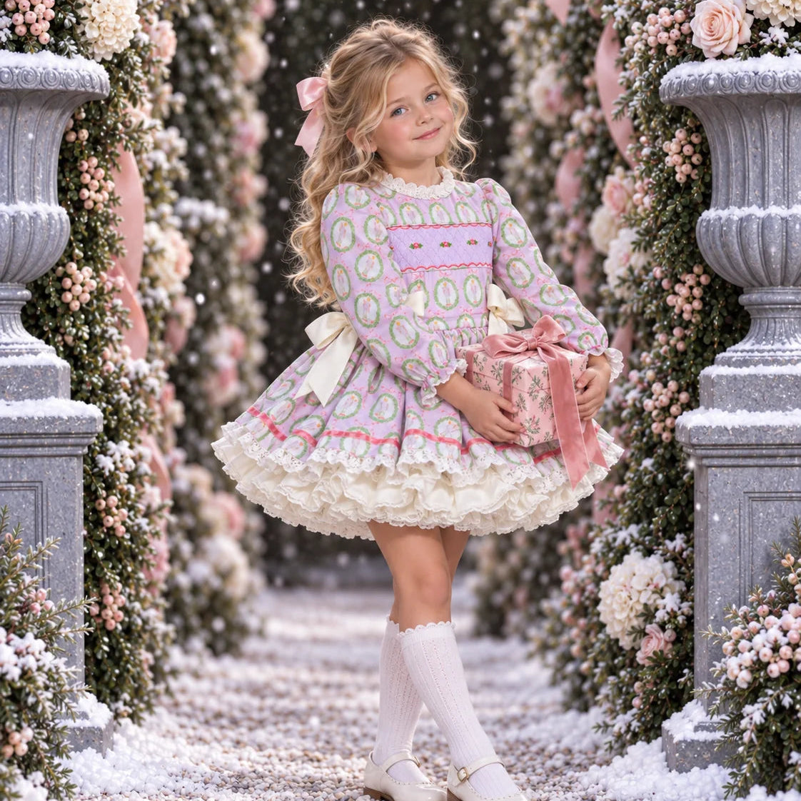 A young girl stands in a snowy garden archway wearing a long-sleeve ruffled dress with a pastel multicolor pattern, holding a pink gift box. The scene is framed by stone pillars and floral garlands.