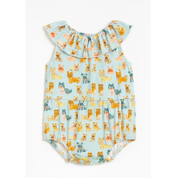 Baby romper with dog pattern on a light blue background