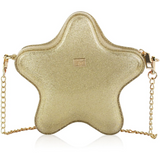 A star-shaped metallic gold clutch bag with a gold chain strap, displayed on a white background.