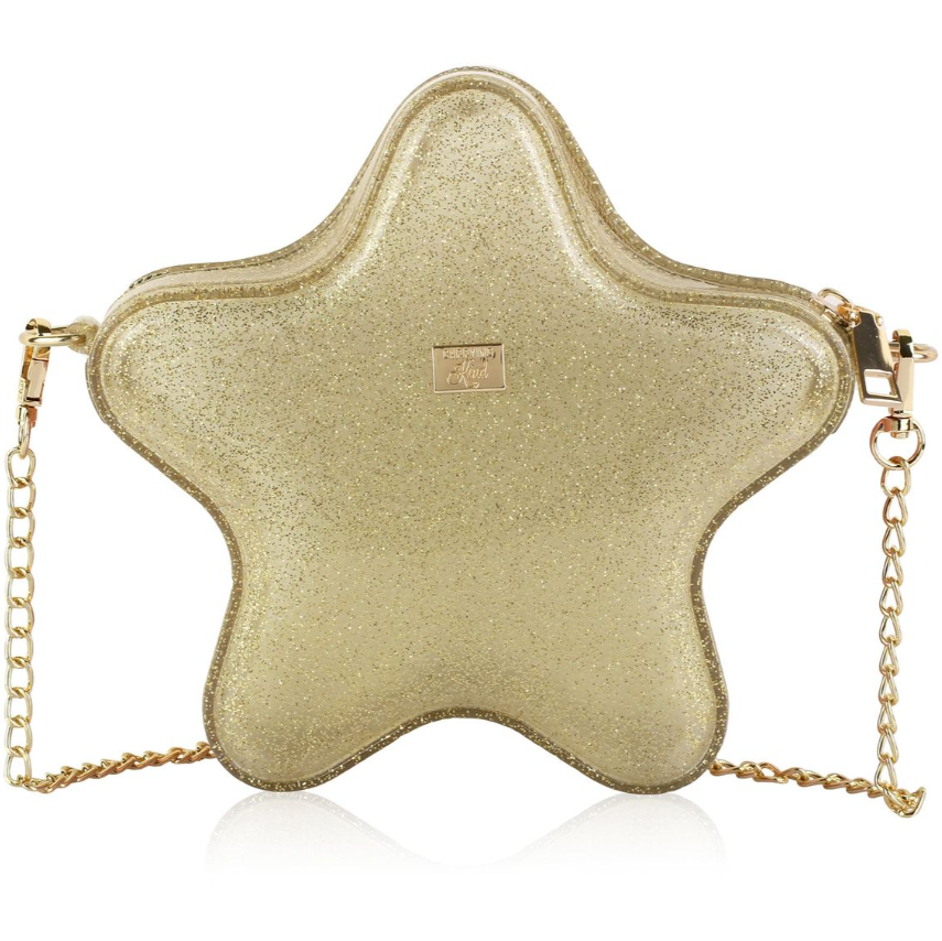 A star-shaped metallic gold clutch bag with a gold chain strap, displayed on a white background.
