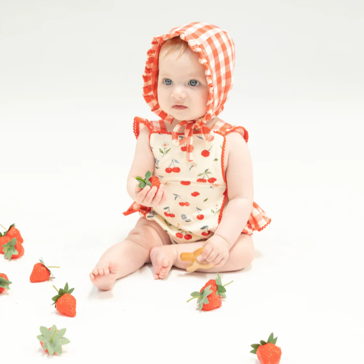 Angel Dear Watercolor Cherries + Gingham Ruffle Sunsuit